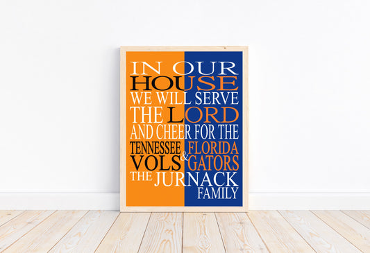 A House Divided Tennessee Vols and Florida Gators Personalized Christian Unframed Print