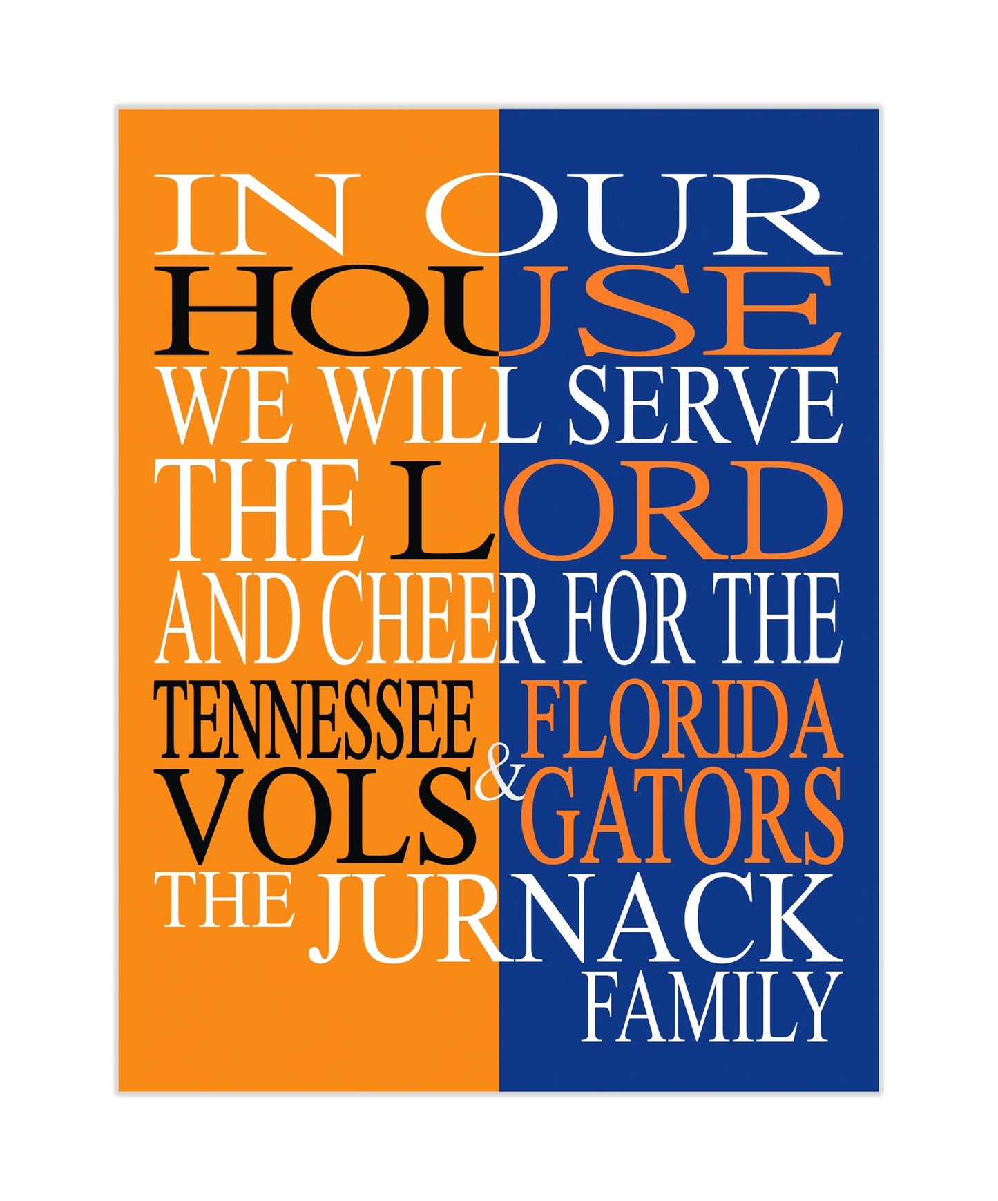 A House Divided Tennessee Vols and Florida Gators Personalized Christian Unframed Print