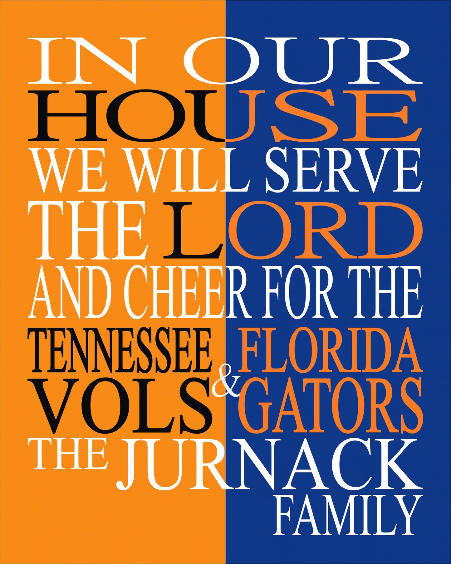 A House Divided Tennessee Vols and Florida Gators Personalized Christian Unframed Print