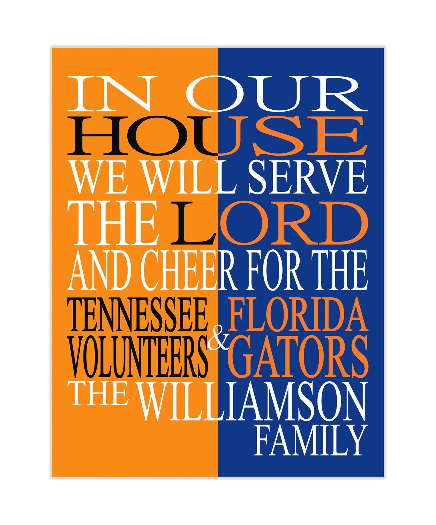 A House Divided Tennessee Volunteers and Florida Gators Personalized Christian Unframed Print