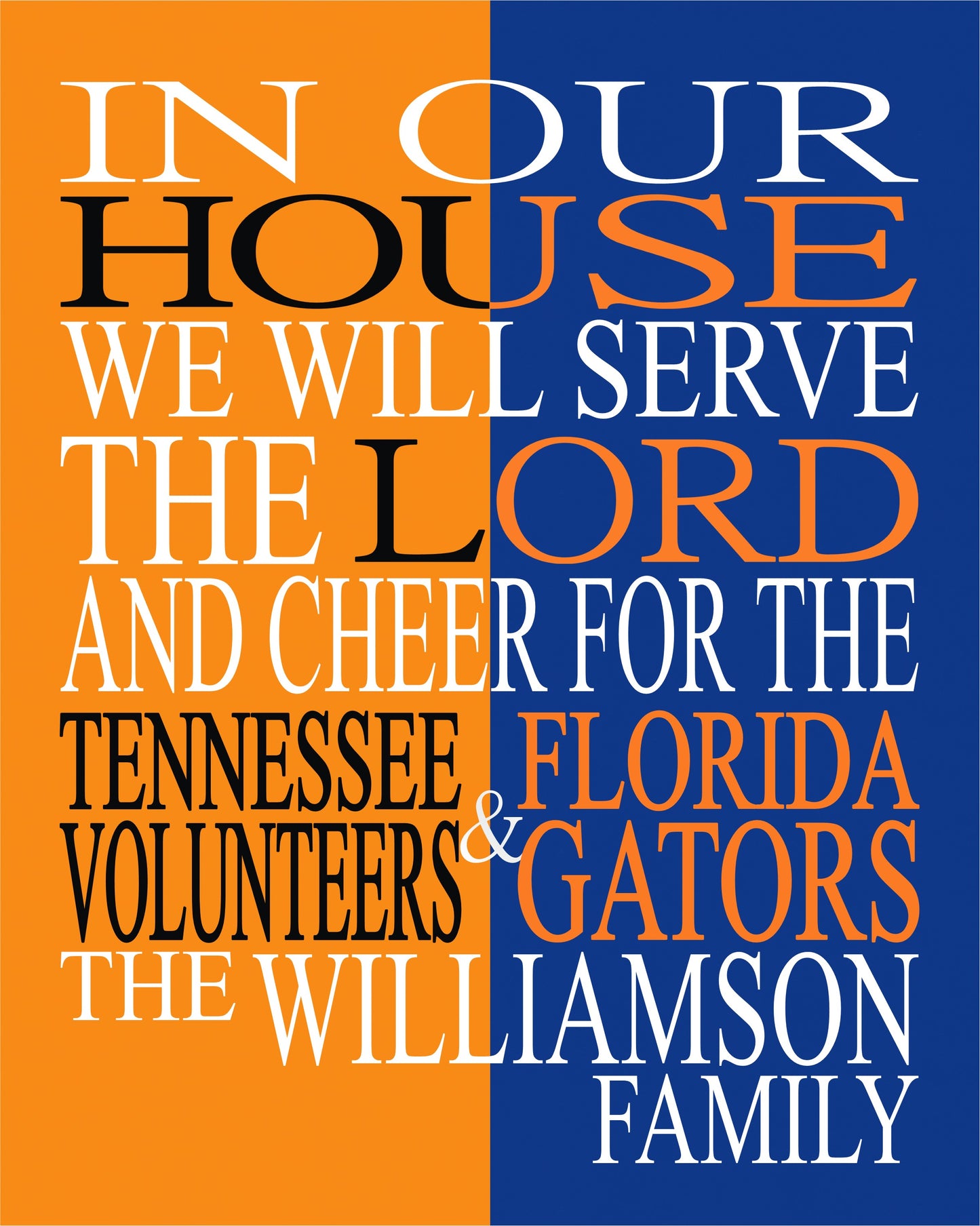 A House Divided Tennessee Volunteers and Florida Gators Personalized Christian Unframed Print