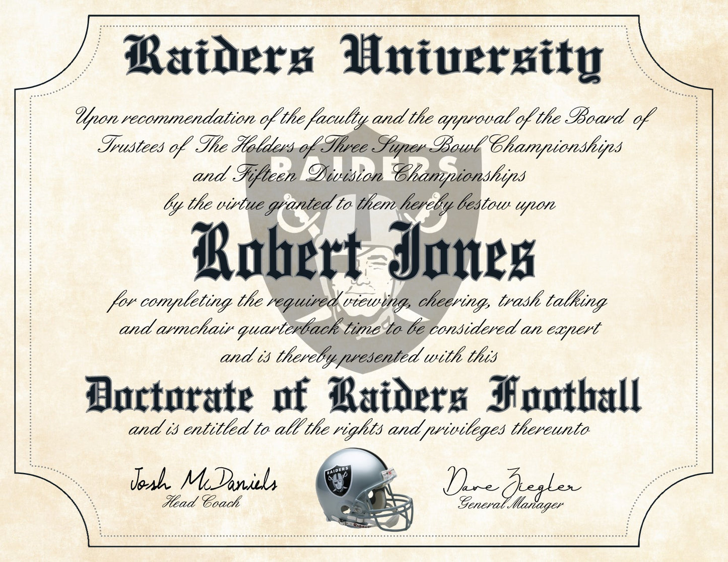 Raiders Ultimate Football Fan Personalized Diploma