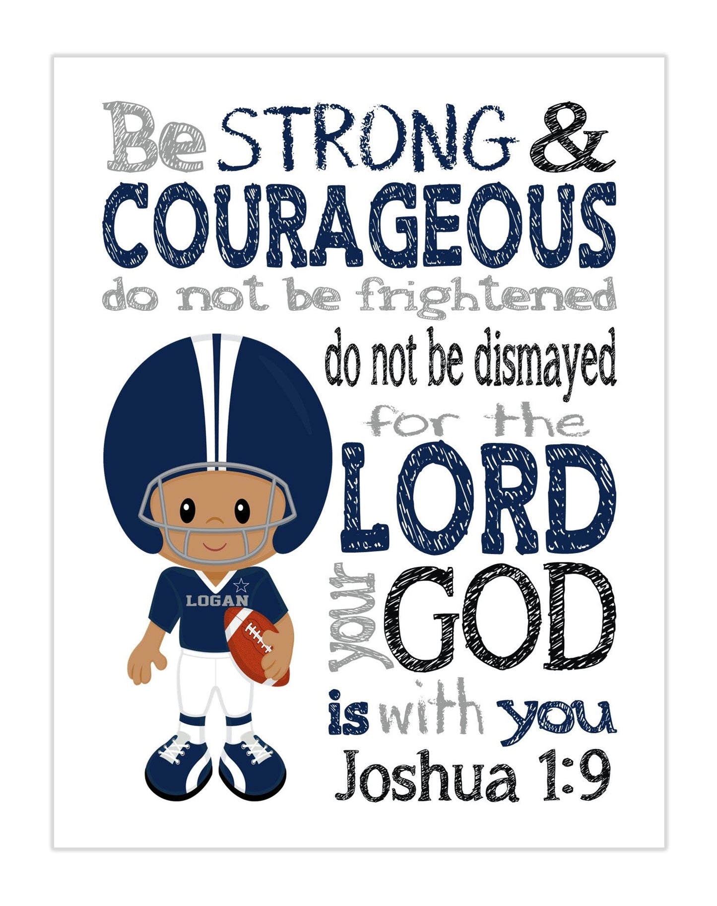 Personalized African American Dallas Cowboys Christian Sports Nursery Decor Unframed Print - Be Strong and Courageous Joshua 1:9