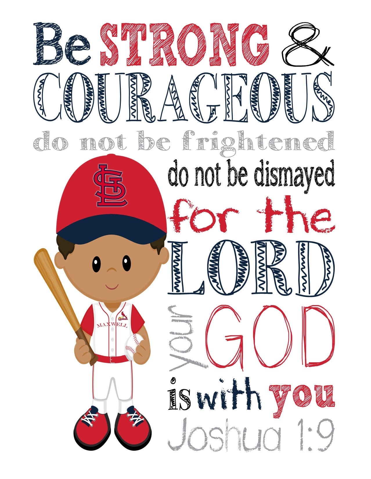 Personalized African American St. Louis Cardinals Baseball Christian Sports Nursery Decor Print - Be Strong and Courageous Joshua 1:9