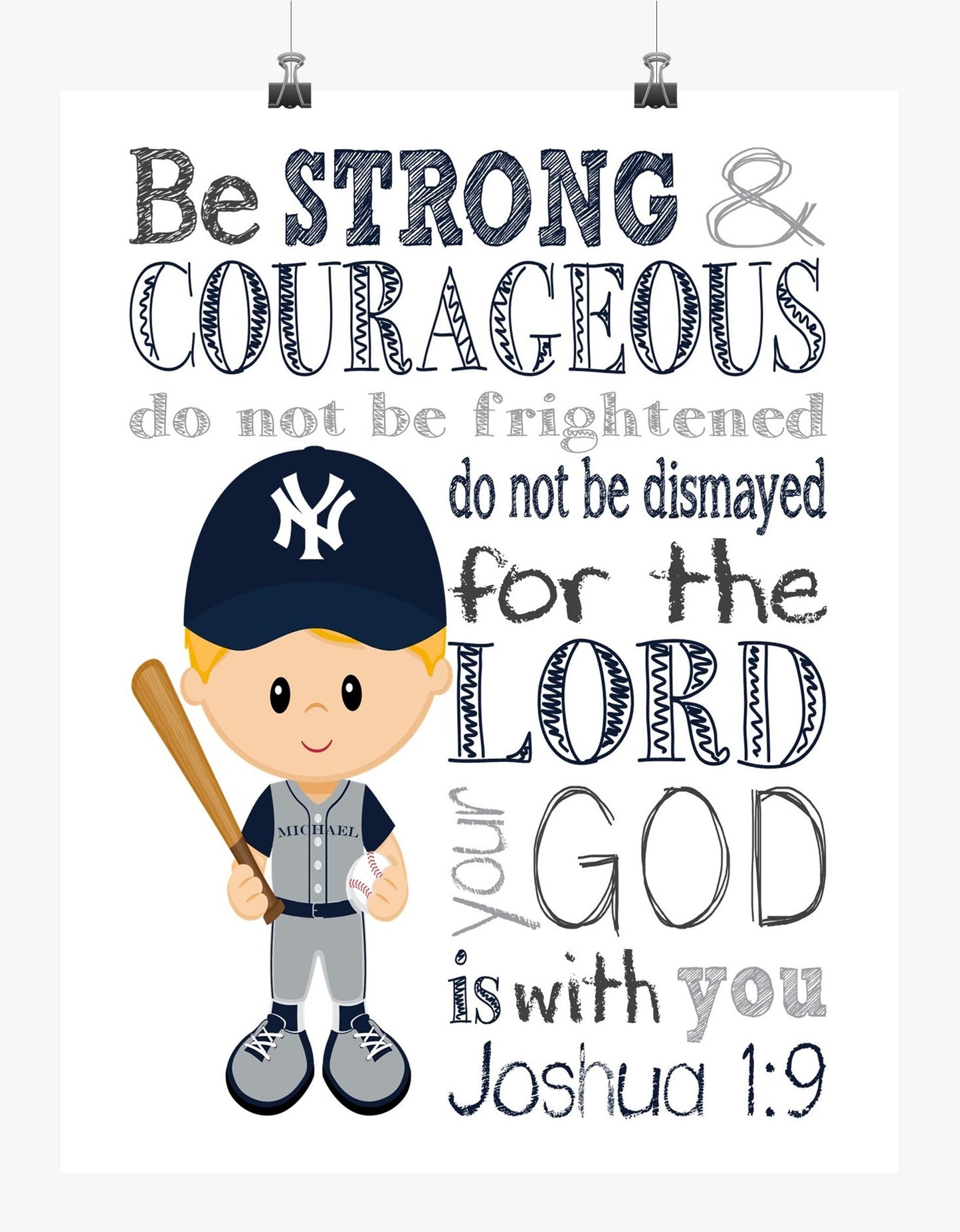 New York Yankees Personalized Christian Sports Nursery Decor Print - Be Strong & Courageous Joshua 1:9