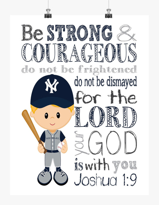 New York Yankees Personalized Christian Sports Nursery Decor Print - Be Strong & Courageous Joshua 1:9