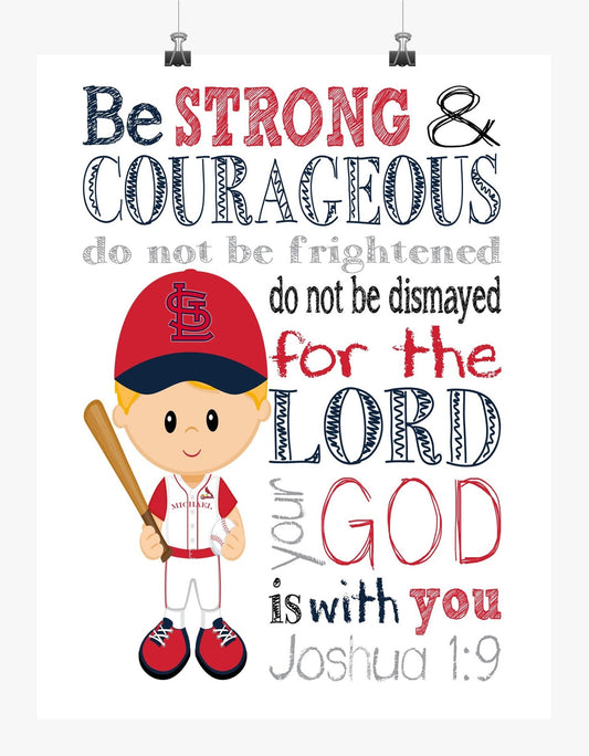 Personalized St. Louis Cardinals Baseball Christian Sports Nursery Decor Print - Be Strong and Courageous Joshua 1:9