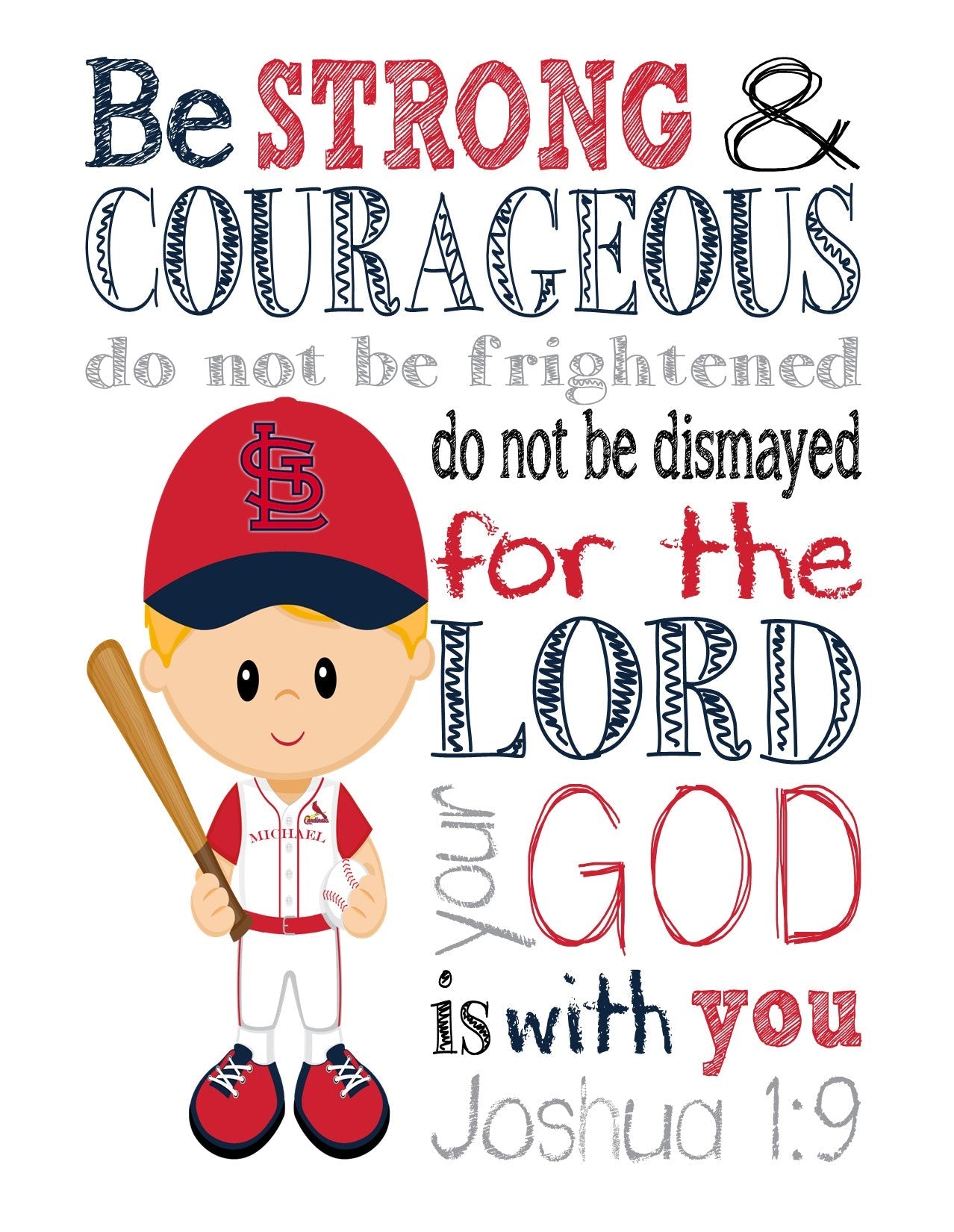 Personalized St. Louis Cardinals Baseball Christian Sports Nursery Decor Print - Be Strong and Courageous Joshua 1:9