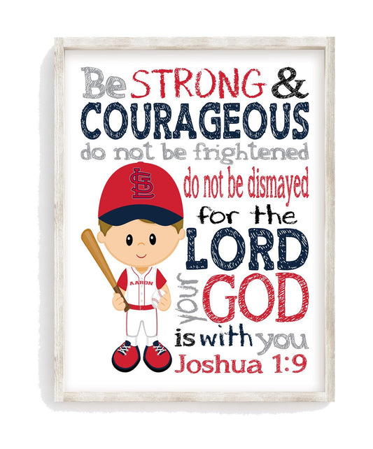 Personalized St. Louis Cardinals Baseball Christian Sports Nursery Decor Print - Be Strong and Courageous Joshua 1:9