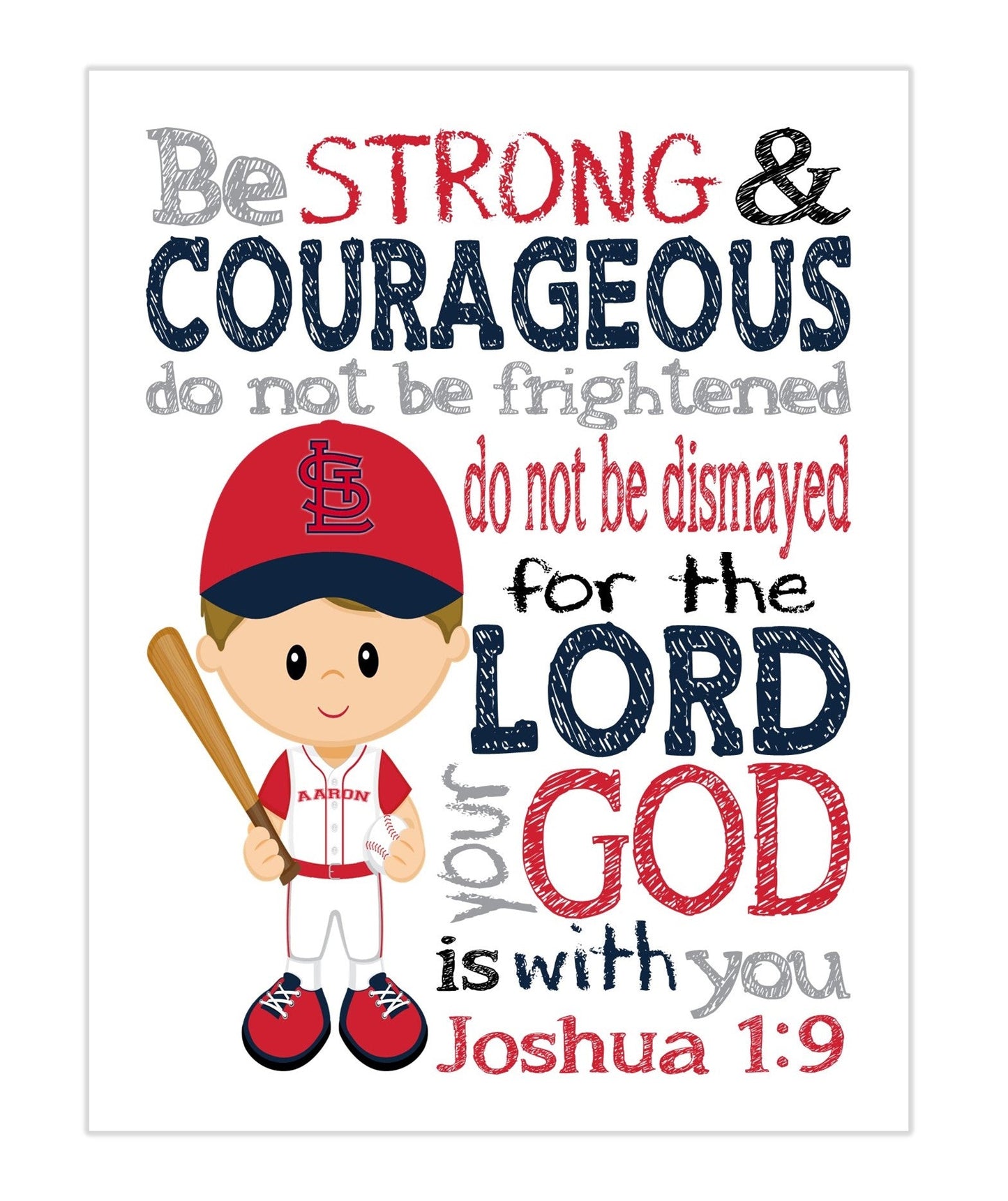 Personalized St. Louis Cardinals Baseball Christian Sports Nursery Decor Print - Be Strong and Courageous Joshua 1:9