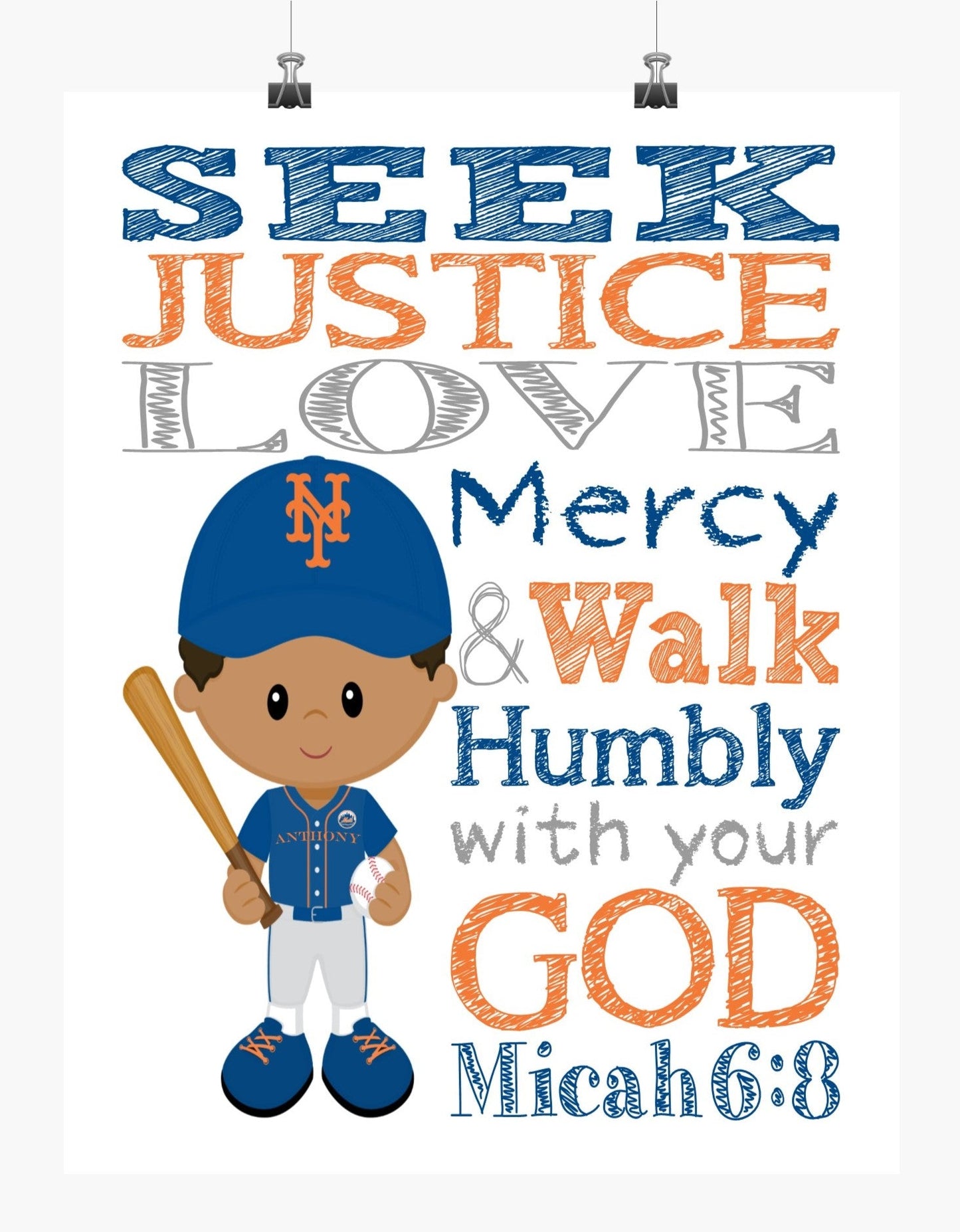 Personalized African American New York Mets Baseball Christian Sports Nursery Decor Print - Be Strong and Courageous Joshua 1:9