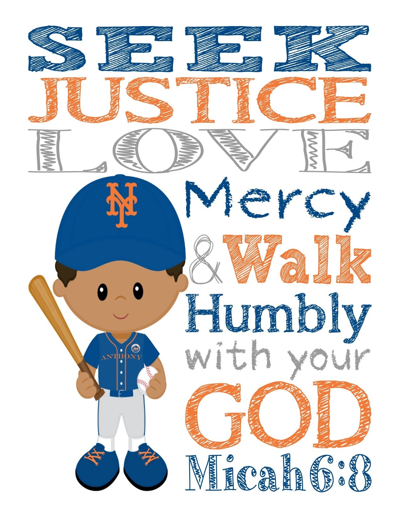 Personalized African American New York Mets Baseball Christian Sports Nursery Decor Print - Be Strong and Courageous Joshua 1:9