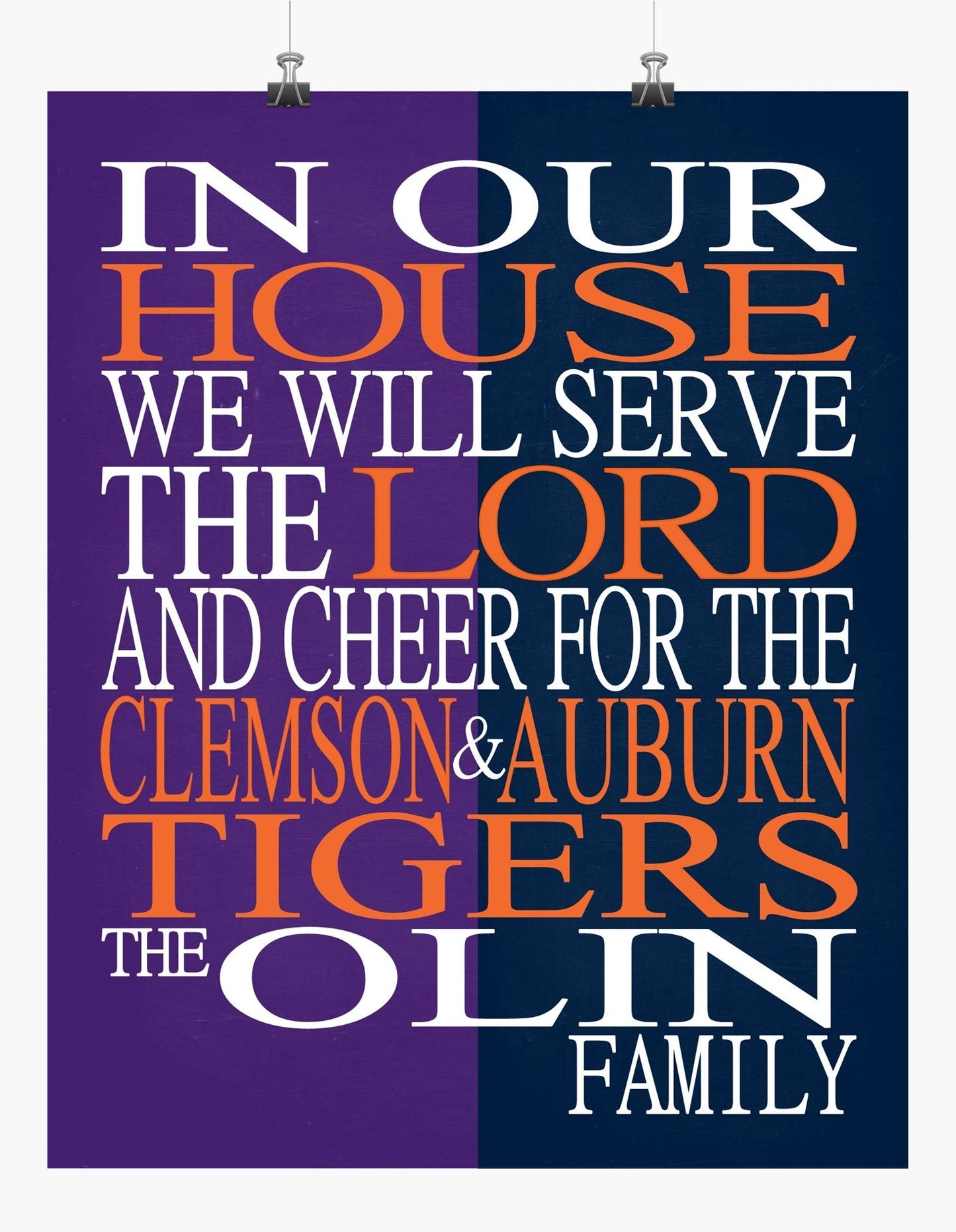 A House Divided - Clemson Tigers and Auburn Tigers Personalized Family Name Christian Print