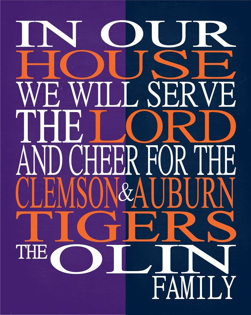 A House Divided - Clemson Tigers and Auburn Tigers Personalized Family Name Christian Print