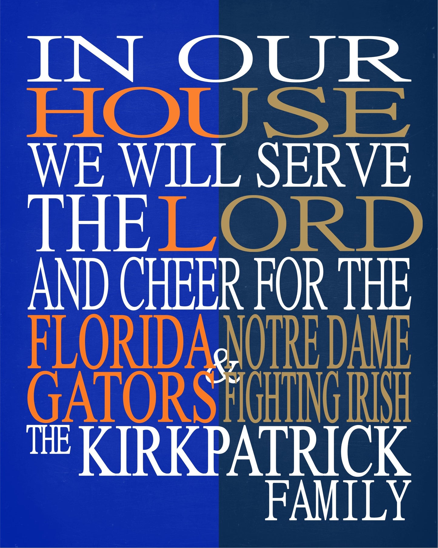 A House Divided - Florida Gators and Notre Dame Fighting Irish Personalized Family Name Christian Print