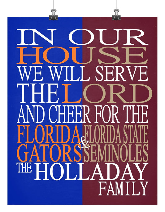 A House Divided - Florida Gators and Florida State Seminoles Personalized Family Name Christian Print