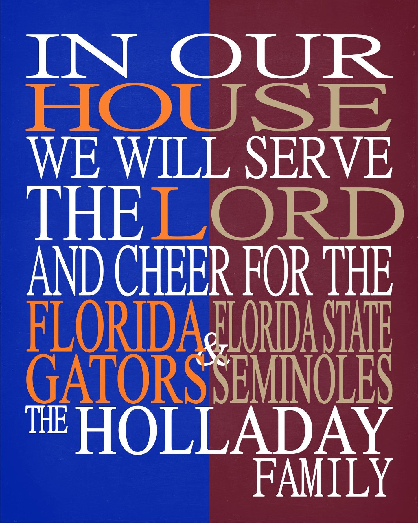 A House Divided - Florida Gators and Florida State Seminoles Personalized Family Name Christian Print