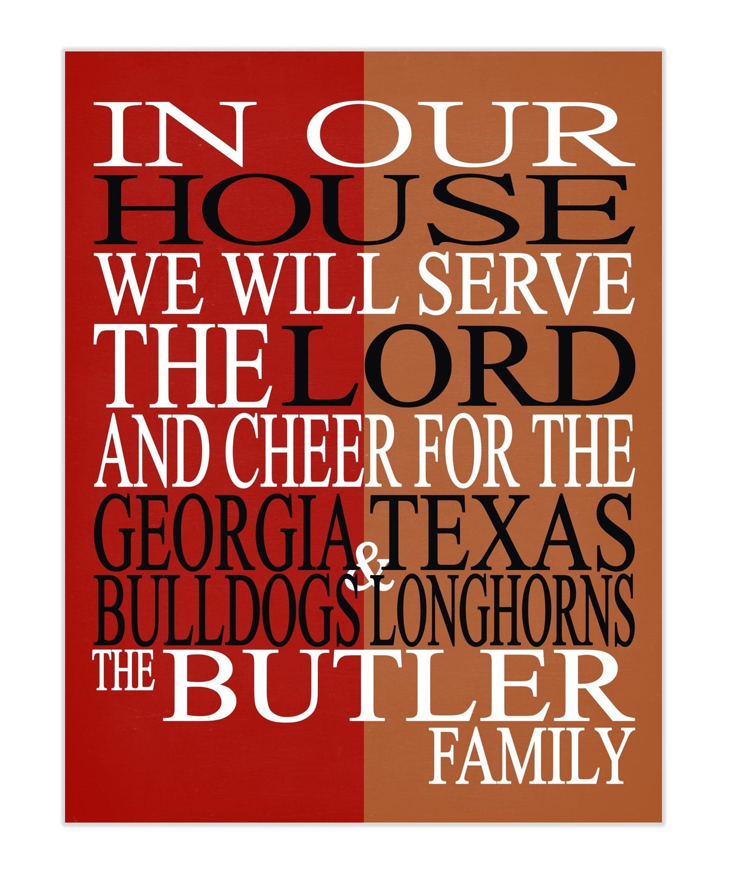 A House Divided - Georgia Bulldogs and Texas Longhorns Personalized Family Name Christian Print