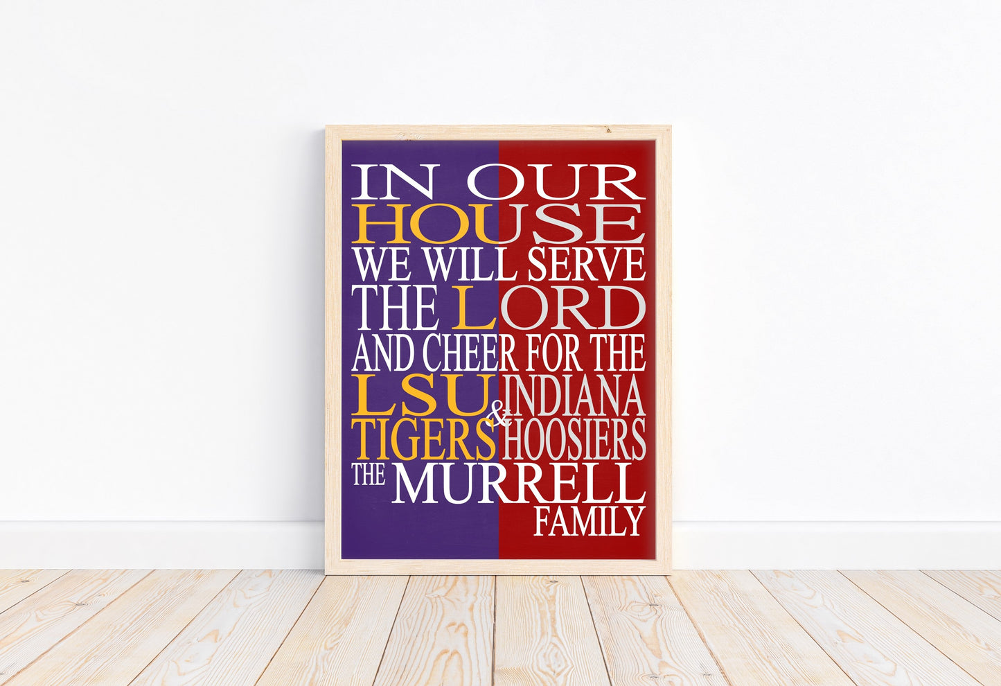 A House Divided LSU Tigers and Indiana Hoosiers Personalized Family Name Christian Print