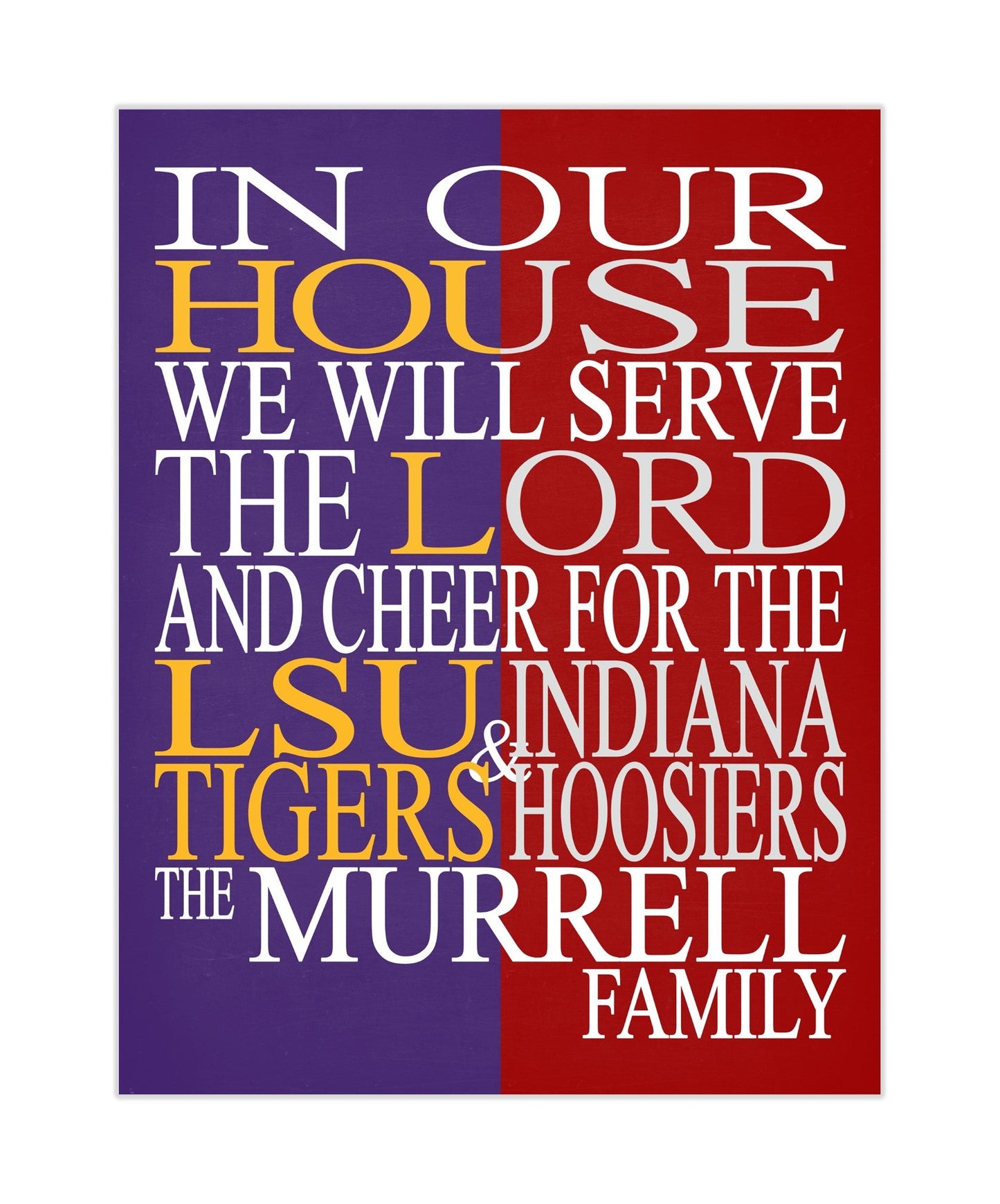 A House Divided LSU Tigers and Indiana Hoosiers Personalized Family Name Christian Print