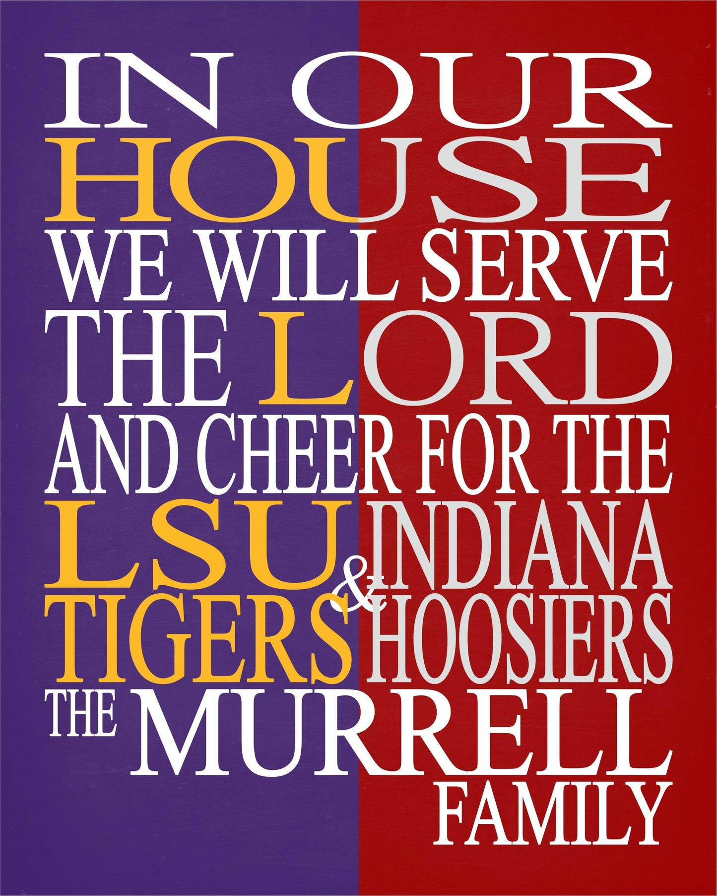 A House Divided LSU Tigers and Indiana Hoosiers Personalized Family Name Christian Print