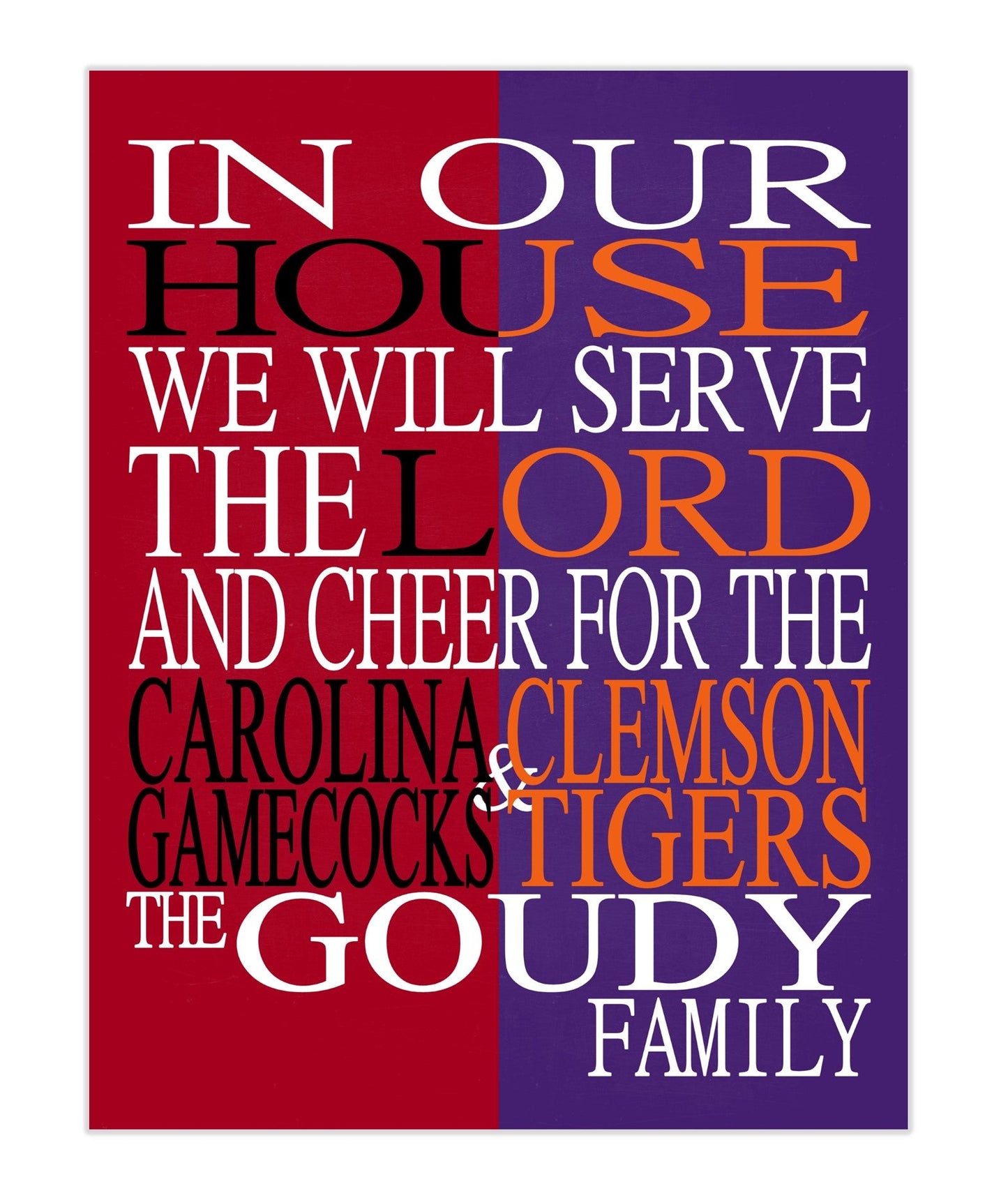 A House Divided - South Carolina Gamecocks and Clemson Tigers Personalized Family Name Christian Print