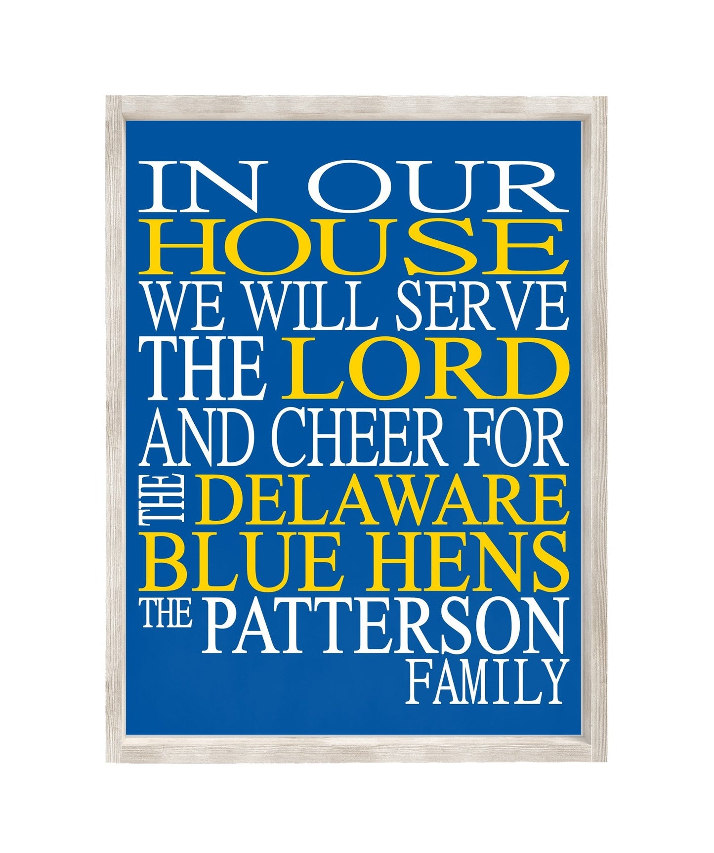 In Our House We Will Serve The Lord And Cheer for The Delaware Blue Hens Personalized Family Name Christian Print