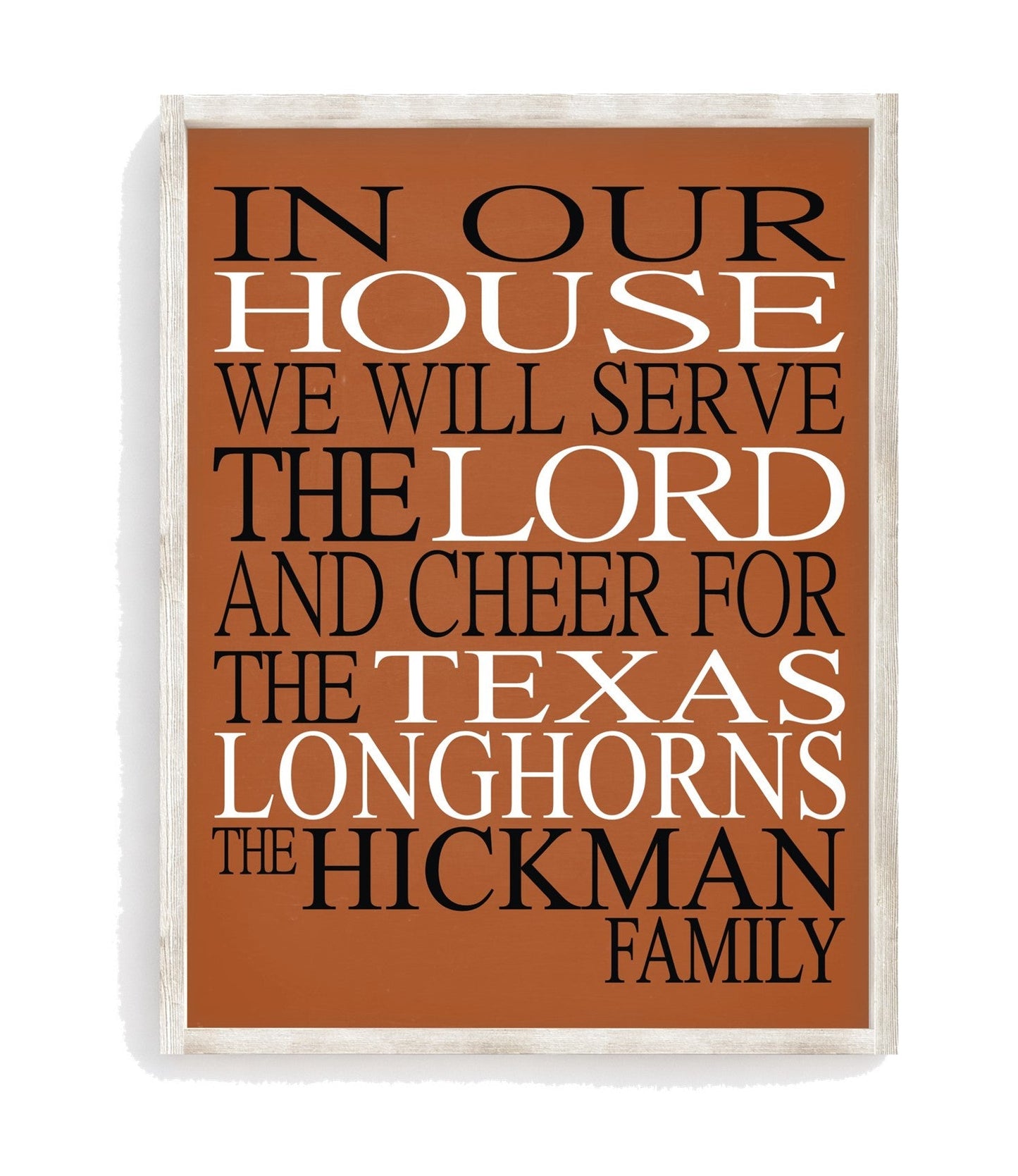 In Our House We Will Serve The Lord And Cheer for The Texas Longhorns personalized print - Christian gift sports art - multiple sizes