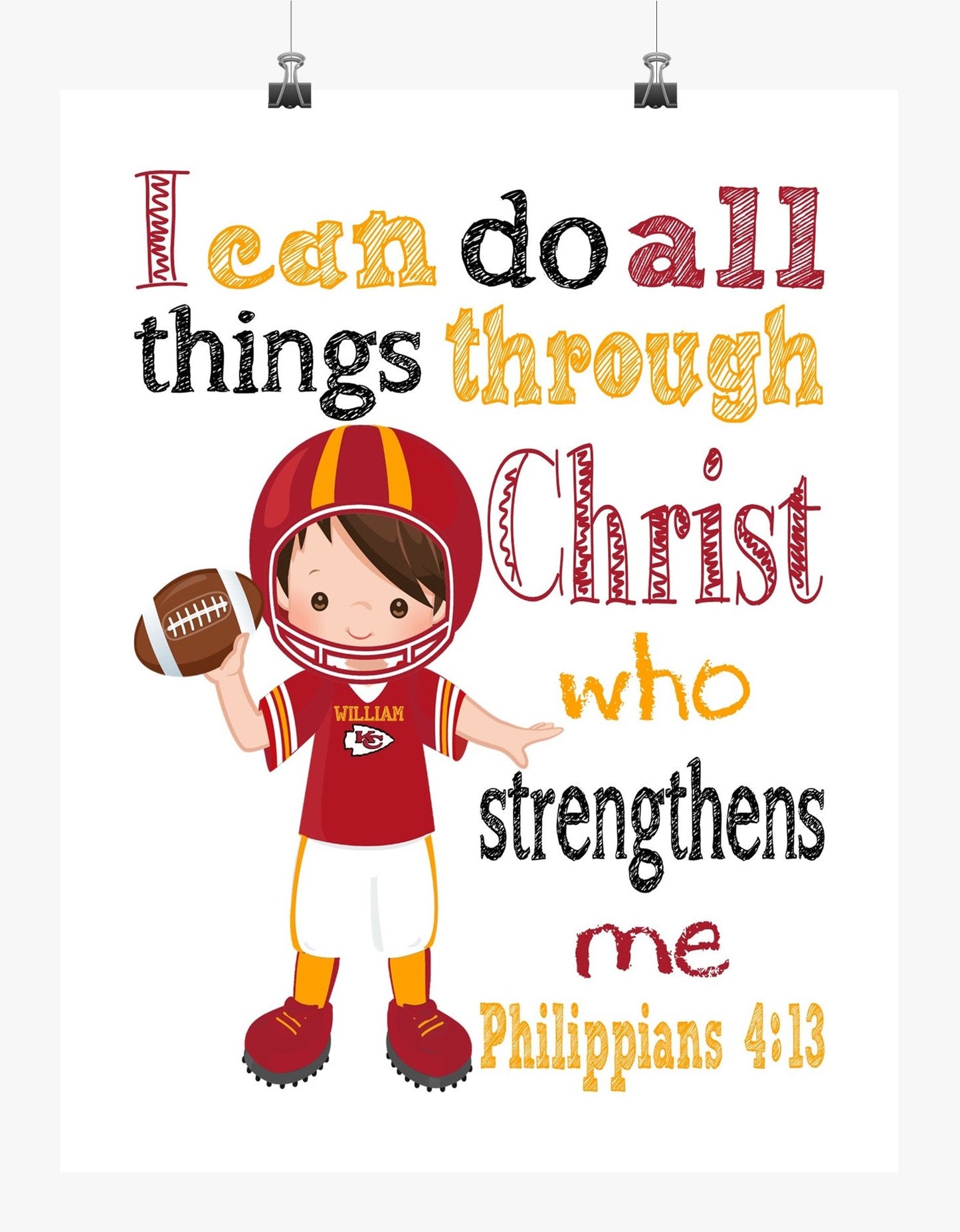 Personalized Kansas City Chiefs Christian Sports Nursery Decor Print - I Can do All Things through Christ who Strengthens Me - Philippians 4:13