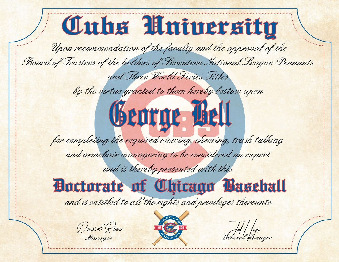 Chicago Cubs Ultimate Baseball Fan Personalized Diploma - 8.5" x 11"