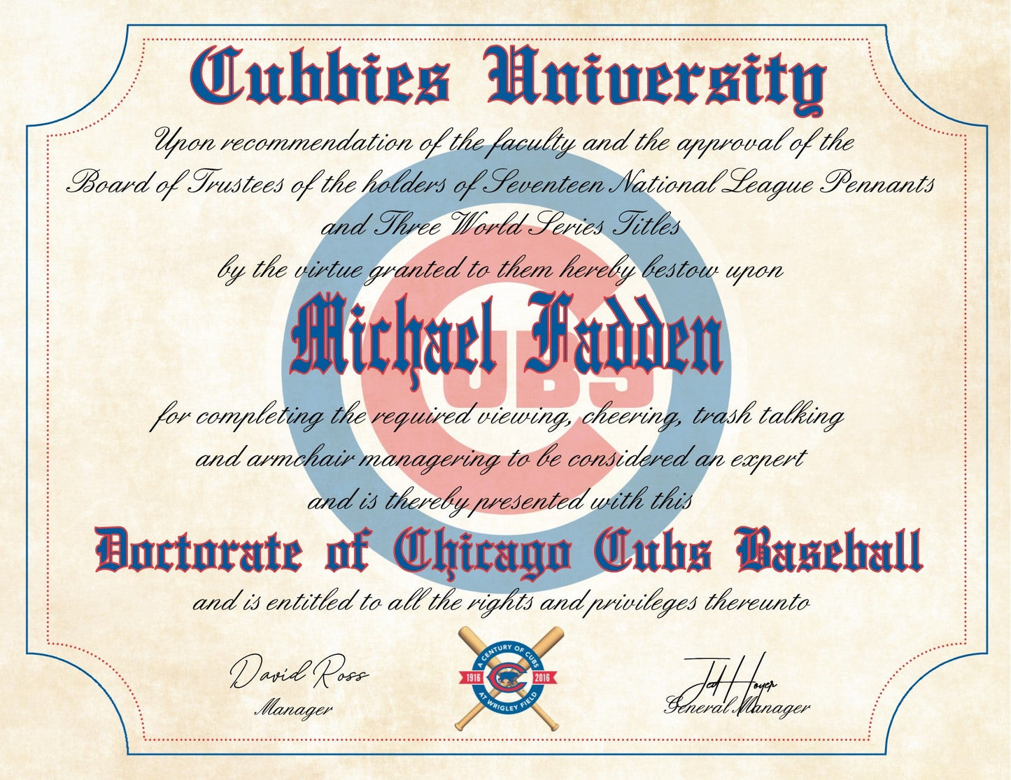 Chicago Cubs Ultimate Baseball Fan Personalized Diploma - 8.5" x 11"