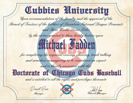 Chicago Cubs Ultimate Baseball Fan Personalized Diploma - 8.5" x 11"