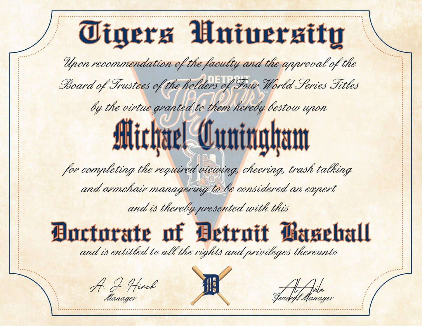 Detroit Tigers Ultimate Baseball Fan Personalized Diploma - 8.5" x 11"