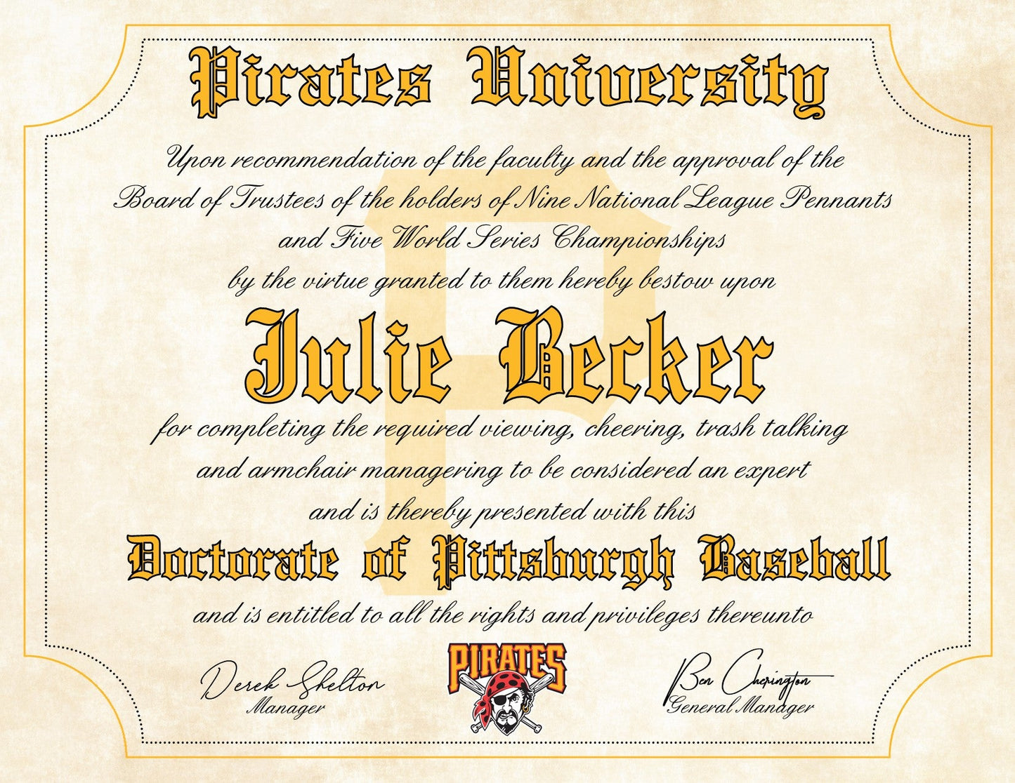 Pittsburgh Pirates Ultimate Baseball Fan Personalized Diploma - 8.5" x 11"