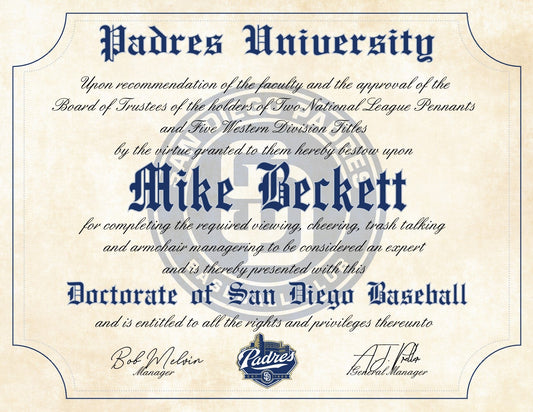 San Diego Padres Ultimate Baseball Fan Personalized Diploma - 8.5" x 11"