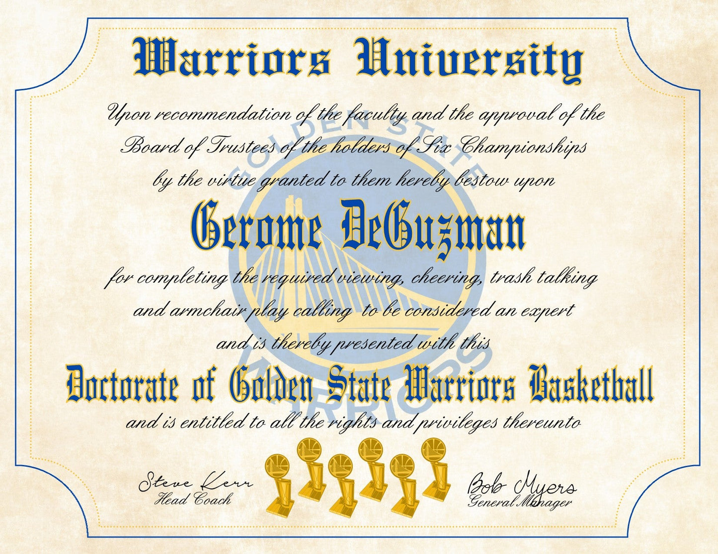 Golden State Warriors Ultimate Basketball Fan Personalized Diploma - Perfect Gift - 8.5" x 11" Parchment Paper