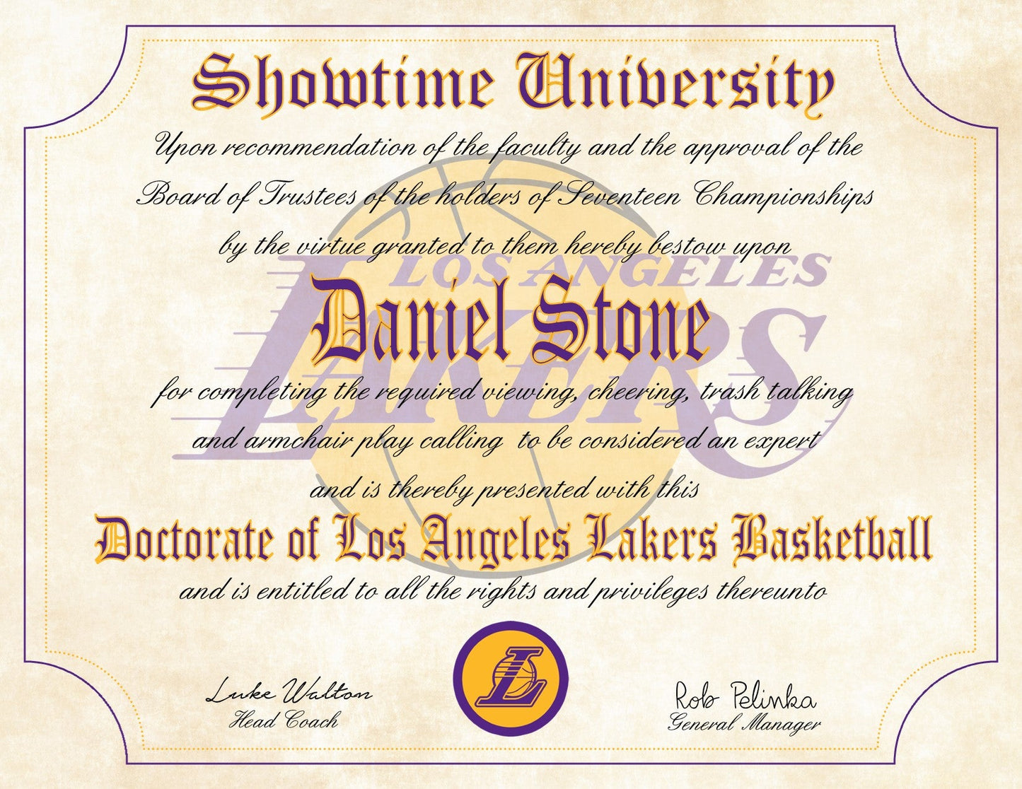 L.A. Lakers Showtime Ultimate Basketball Fan Personalized Diploma - 8.5" x 11" Parchment Paper