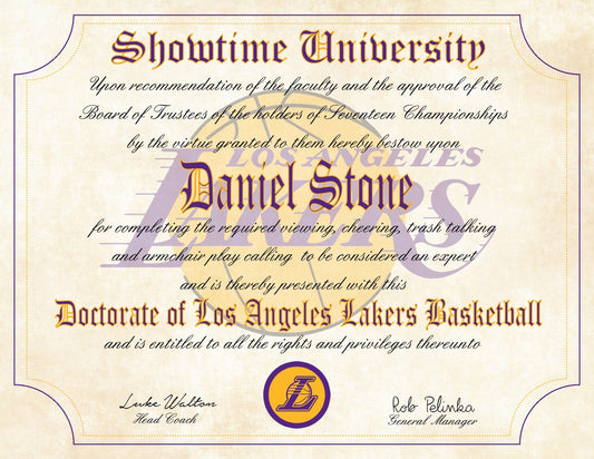 L.A. Lakers Showtime Ultimate Basketball Fan Personalized Diploma - 8.5" x 11" Parchment Paper