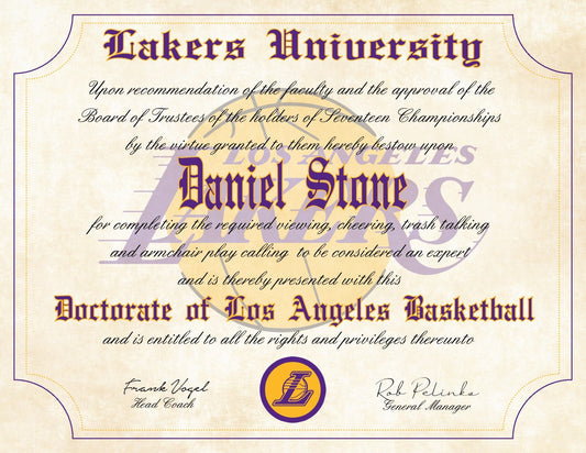 L. A. Lakers Ultimate Basketball Fan Personalized Diploma - 8.5" x 11" Parchment Paper