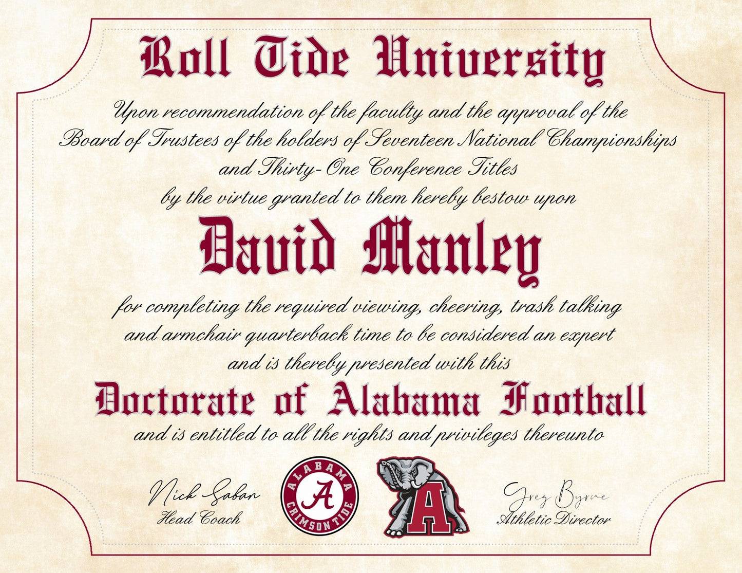 Alabama Crimson Tide Ultimate Football Fan Personalized Novelty Diploma - 8.5" x 11" Parchment Paper