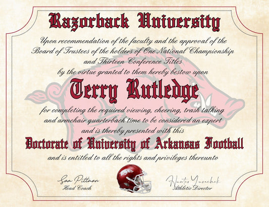 Arkansas Razorbacks Ultimate Football Fan Personalized Diploma - Perfect Gift -8.5" x 11" Parchment Paper