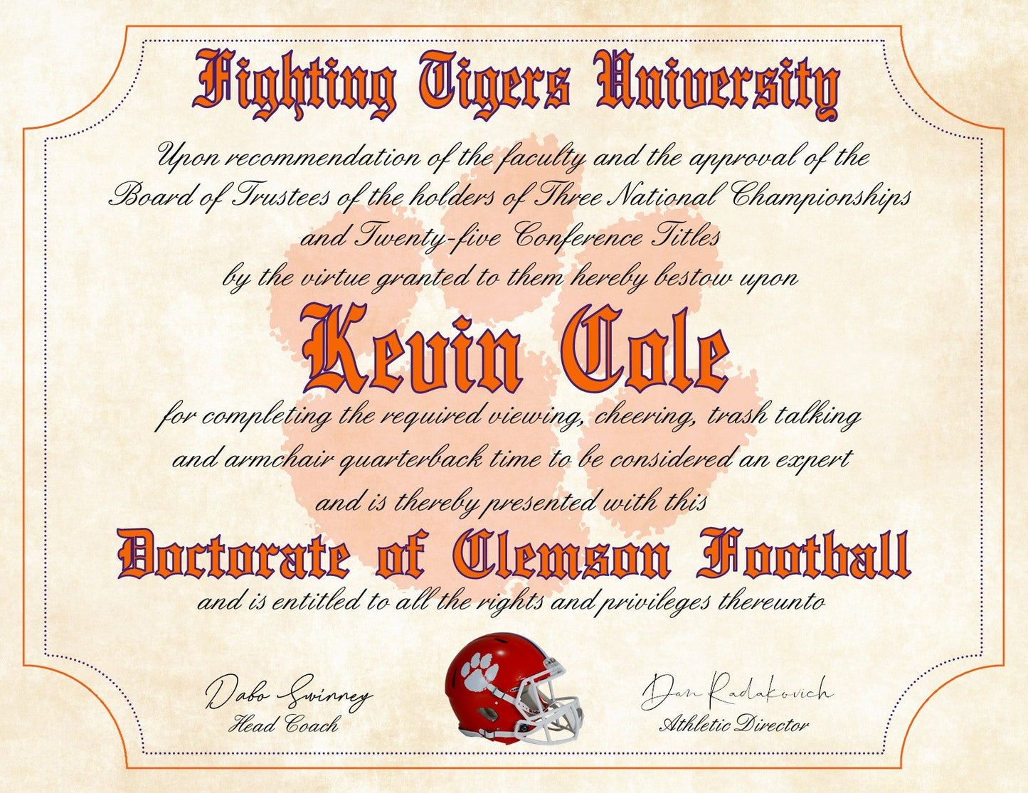 Clemson Tigers Ultimate Football Fan Personalized Diploma - 8.5" x 11" Parchment Paper