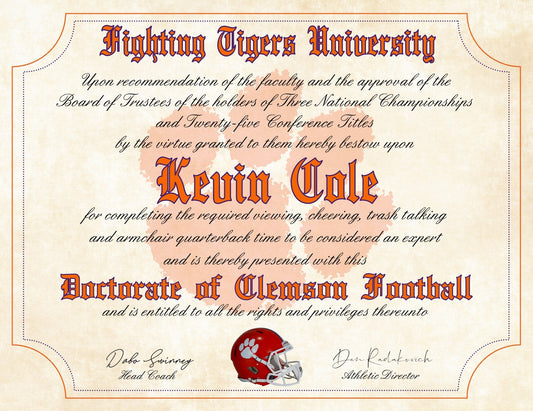 Clemson Tigers Ultimate Football Fan Personalized Diploma - 8.5" x 11" Parchment Paper