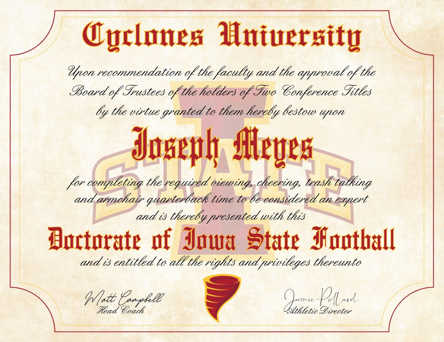 Iowa State Cyclones Ultimate Basketball Fan Personalized Diploma - 8.5" x 11" Parchment Paper