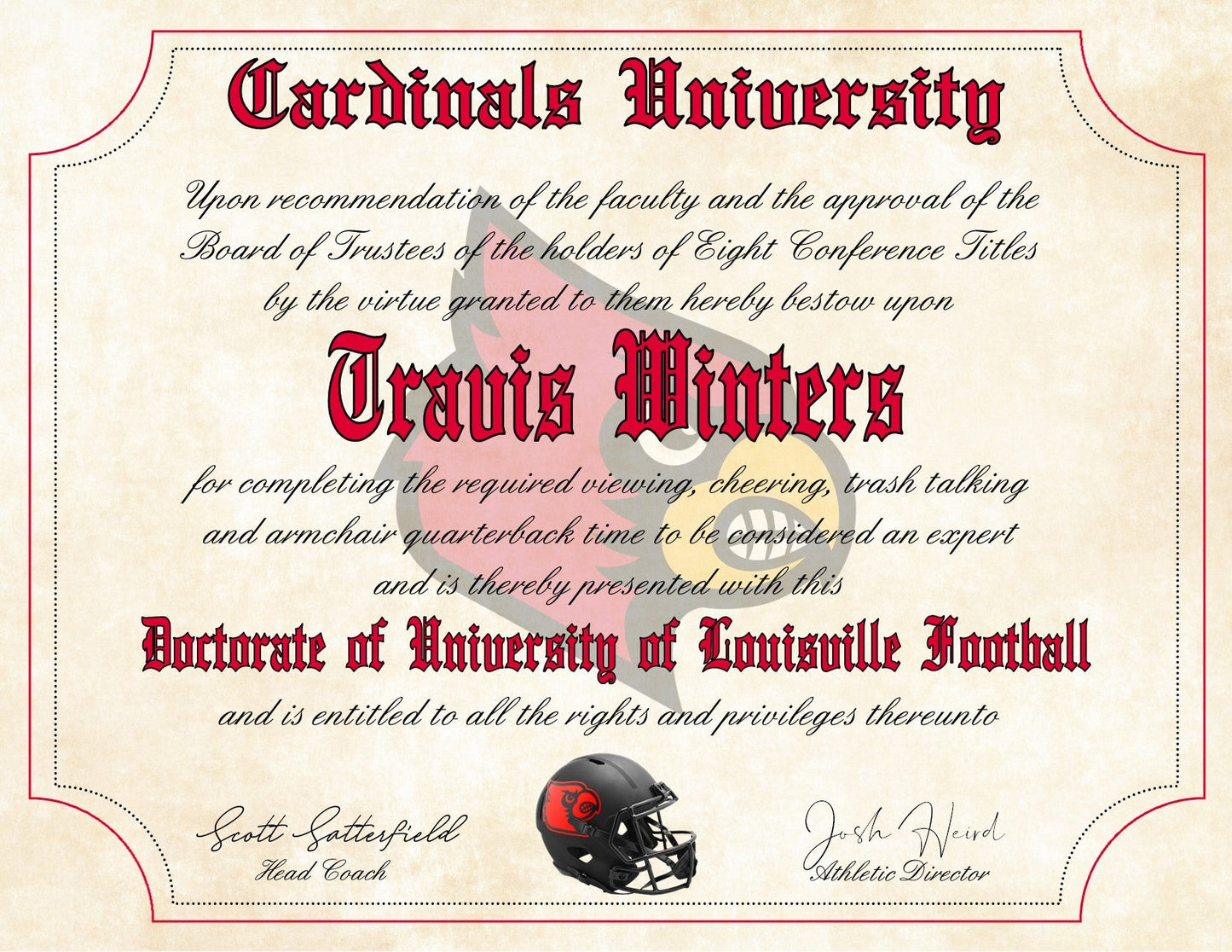 Louisville Cardinals Ultimate Football Fan Personalized Diploma - 8.5" x 11" Parchment Paper