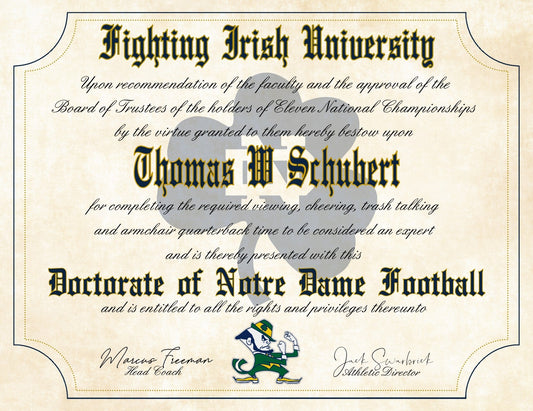 Notre Dame Fighting Irish Ultimate Football Fan Personalized Diploma - 8.5" x 11" Parchment Paper