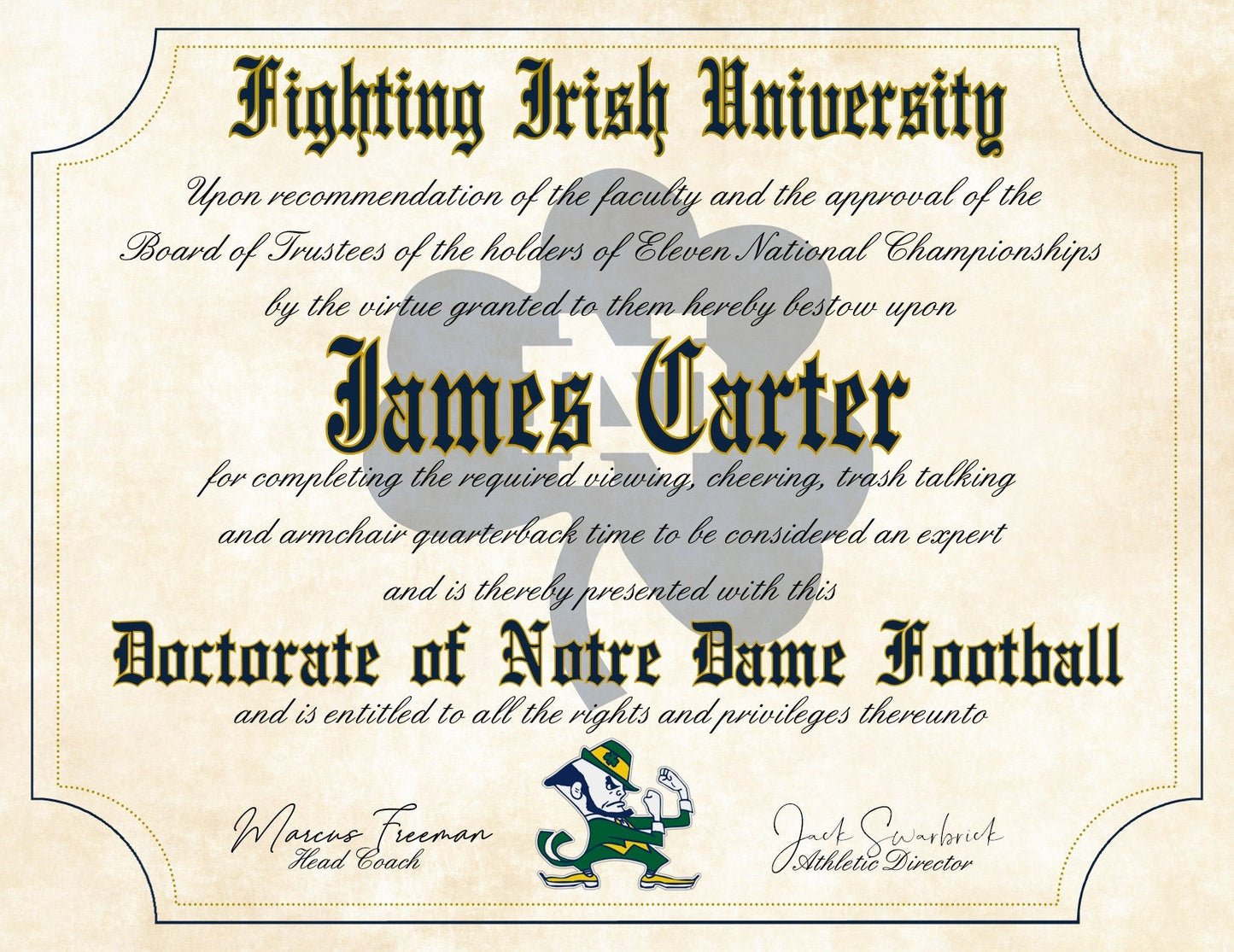 Notre Dame Fighting Irish Ultimate Football Fan Personalized Diploma - 8.5" x 11" Parchment Paper