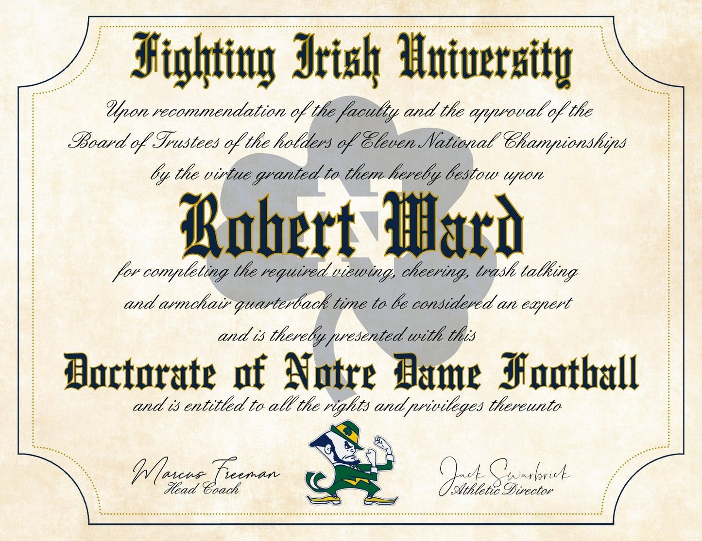 Notre Dame Fighting Irish Ultimate Football Fan Personalized Diploma - 8.5" x 11" Parchment Paper