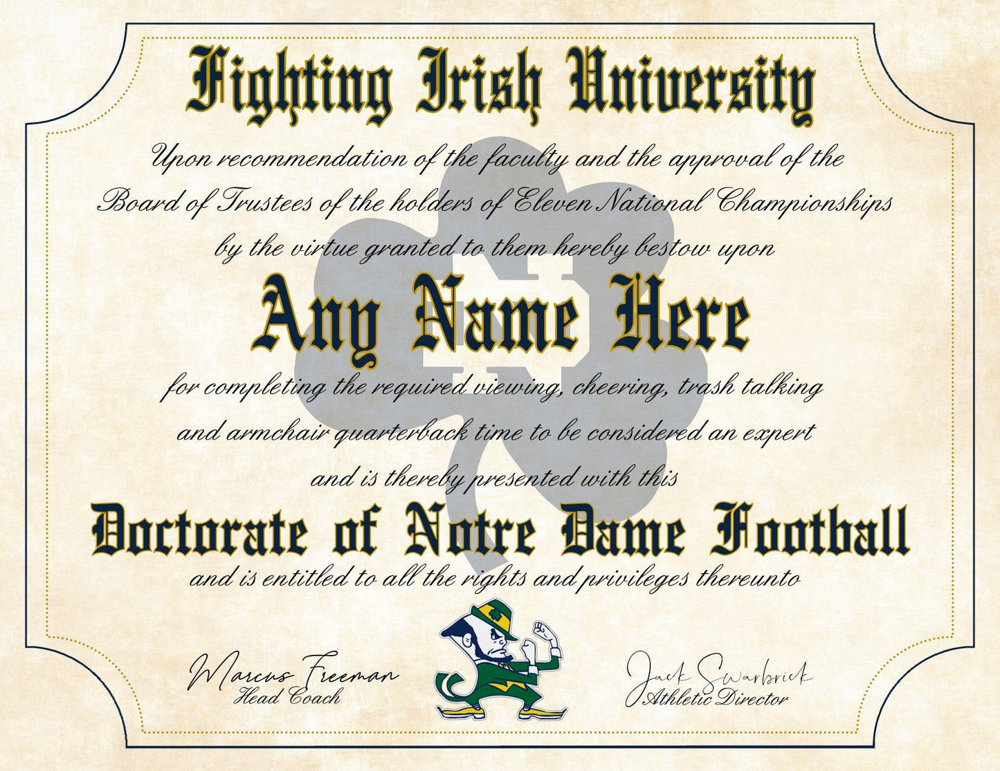 Notre Dame Fighting Irish Ultimate Football Fan Personalized Diploma - 8.5" x 11" Parchment Paper