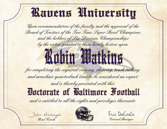 Baltimore Ravens Football Ultimate Fan Personalized Diploma - Perfect Gift - 8.5" x 11" Parchment Paper